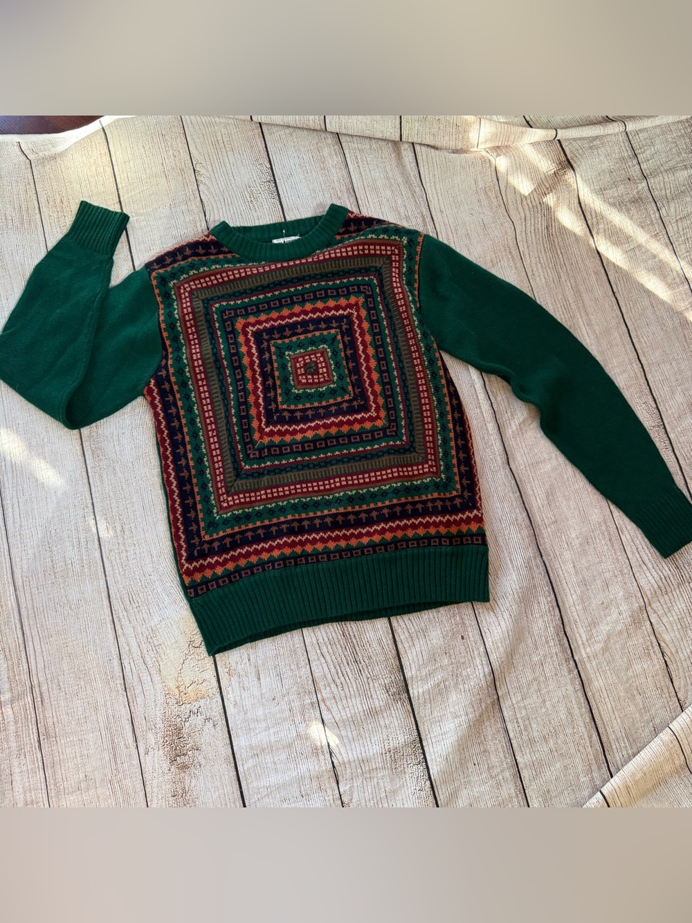 Vintage 90's Collegeman Square green orange patterned sweater
